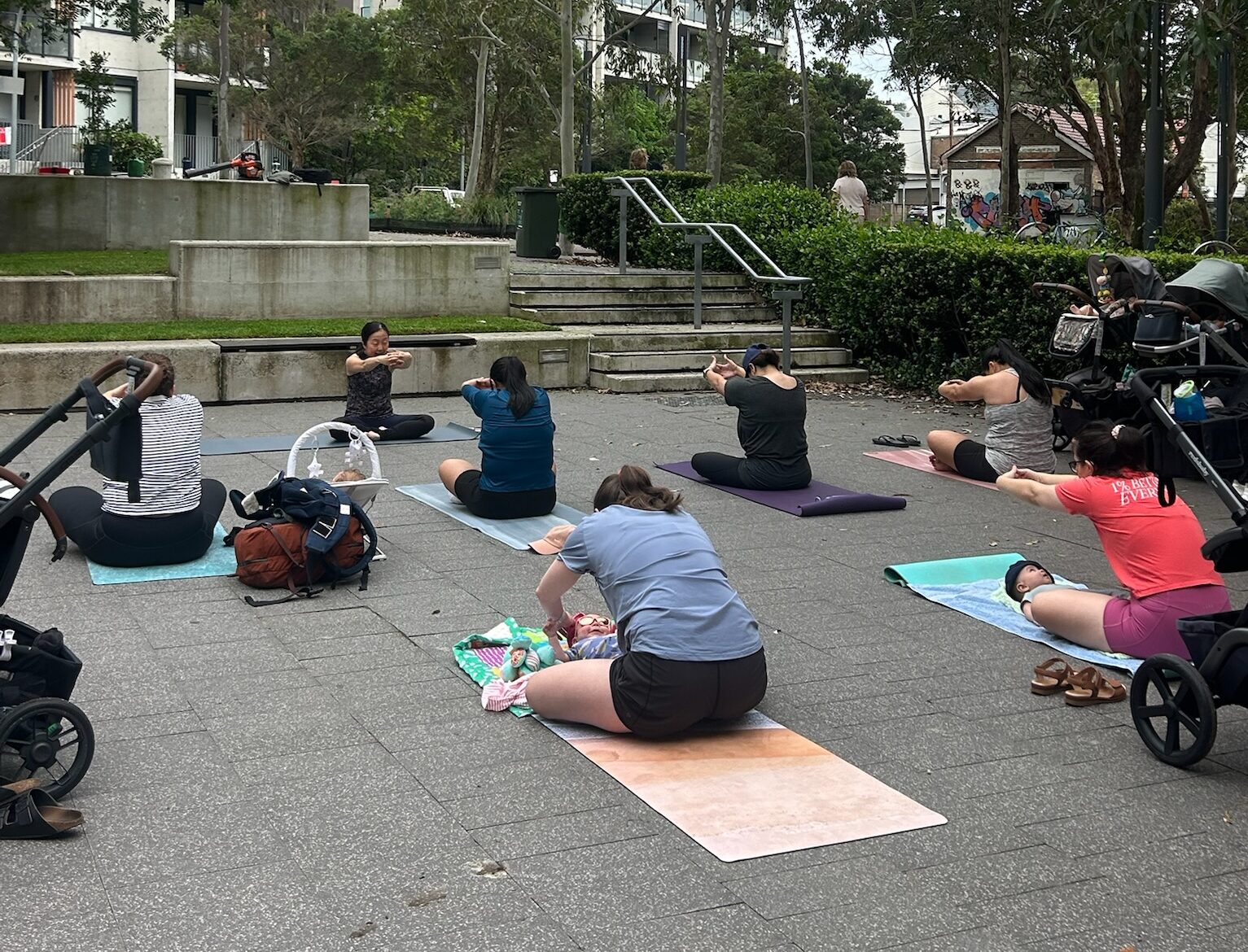 Mums and Bubs doing yoga at the Flour Mills in Summer Hill